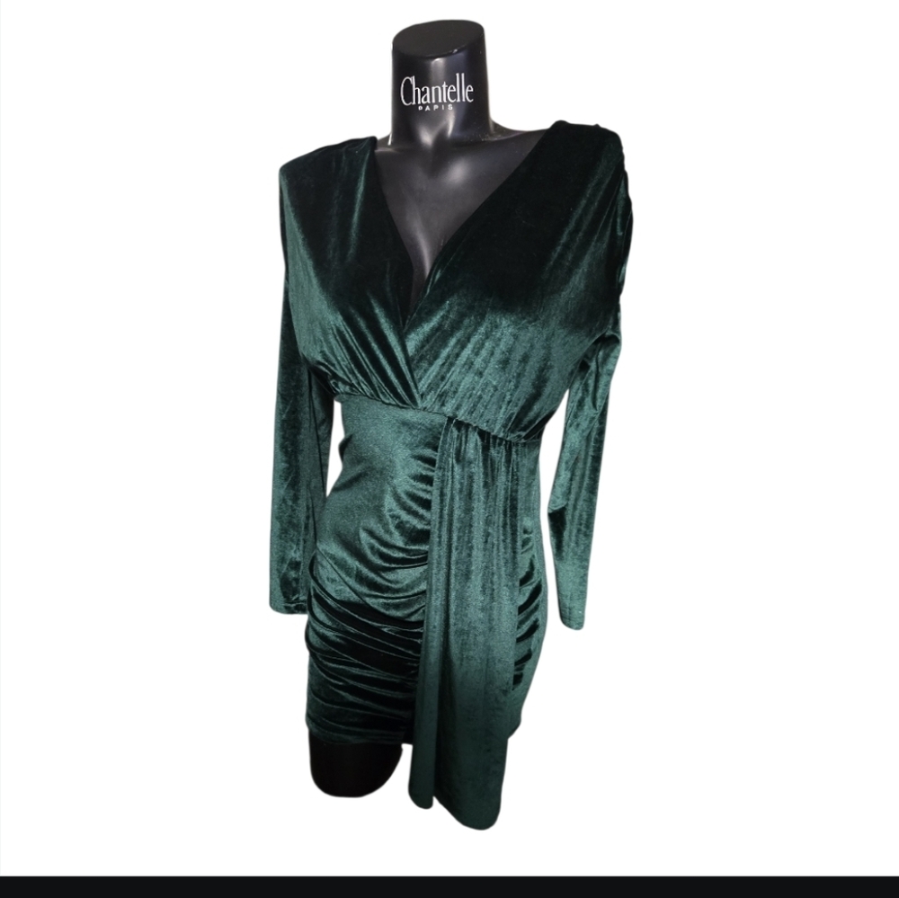 Soft Velvet Textured Dress Wrap Style With Gathering And Tie That Hangs Down